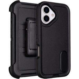 for Case iPhone 16 Case with Belt Clip Holster, Rugged iPhone 16 Case Heavy Duty Protective for Work & Outdoor, Shockproof Cover with Kickstand Clip, Dustproof Port Protection (Black)