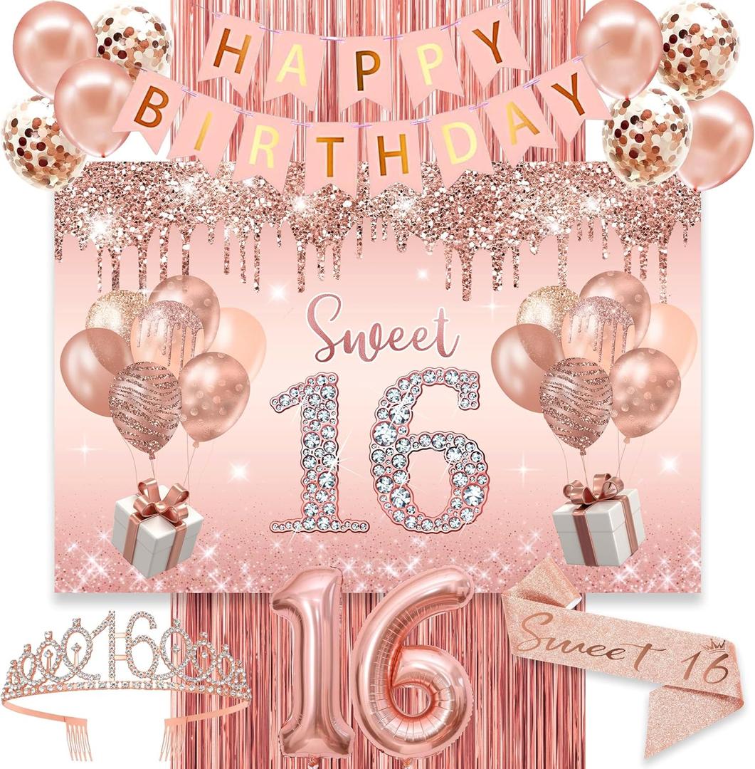 Sweet 16 Birthday Decorations for Girls, banner,Backdrop, its my 16th Birthday Sash, Sweet Rhinestone Tiara Crown,Balloons16th Sweet 16 Birthday Decorations for Girls, banner,Backdrop, its my 16th Birthday Sash, Sweet Rhinestone Tiara Crown,Balloons16th