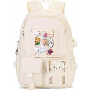 Kawaii Backpack for Teen Girls, Cute Aesthetic High Middle School College Bookbag with Accessories, Beige (Medium)