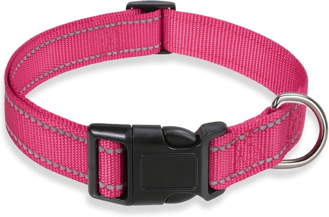 Reflective Dog Collar with Buckle Adjustable Safety Nylon Collars for Dogs, Pink M (Medium :Width 3/4",Neck 12-18")