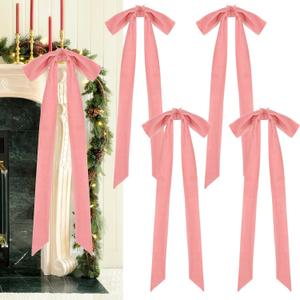 4Pcs Pink Velvet Christmas Bows, 23.6 x 8.6 Inches Extra Large Velvet Ribbon Bows with Long Tail, Rustic Bows for Christmas Tree,Garland,Staircase,Fireplace, Xmas Indoor Outdoor Decor