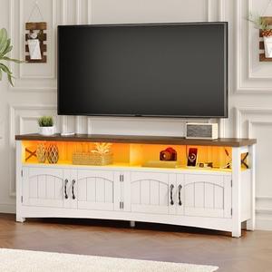 DWVO Farmhouse TV Stand for 65 inch TVs, LED Entertainment Center with Storage, TV Console with Power Outlets, Wooden Bar Coffee TV Table with Shelves for Living Room (Rustic White)