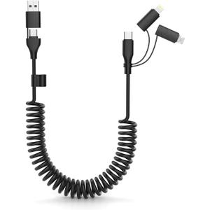 Coiled USB-C and Lightning Cable 3-in-1, 3FT iPhone 15 16 Car Charger Cord, 60W Fast Charging Cable for iPhone 16, Micro USB Universal Cable for Galaxy/iphpone Supports Apple CarPlay & Android Auto