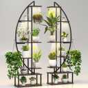 Plant Stand Shelf Rack Indoor with 6 Built in Grow Light, 7 Tier 65" Tall Pair Large Half Moon Lighted Plant Stand with Hanging Hook, 2 Black Circle Sturdy Tiered Herb Shelving with Lighting (Dark Brown Board Black Metal 7 Tier 2 Pack)