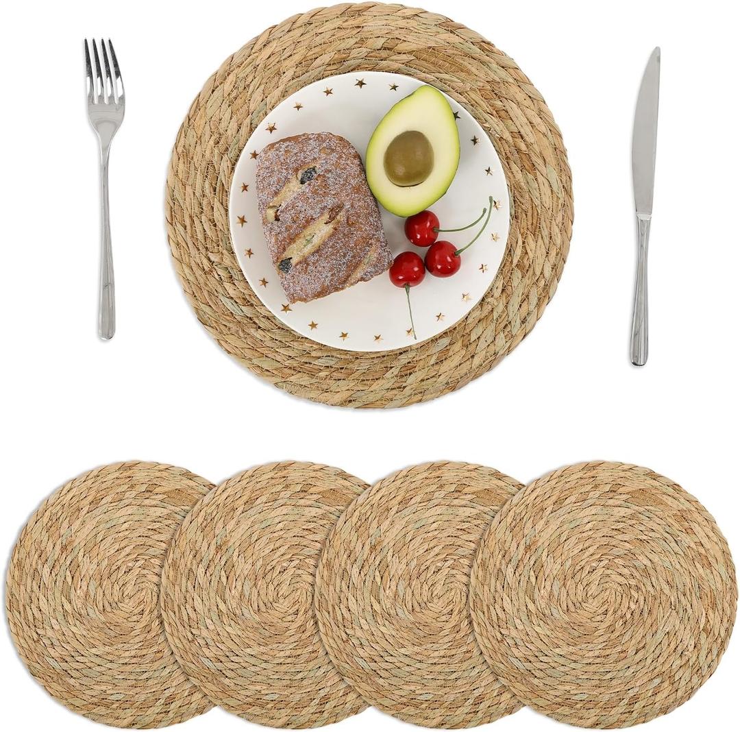 SHACOS 4 pcs 12 inch Round Woven Placemats, Natural Rattan Braided Place Mats for Dining Table, Wicker Chargers Boho Rustic Farmhouse Heat Resistant Table Mats