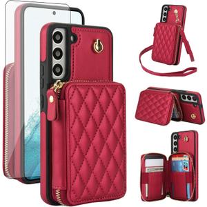 Phone Case for Samsung Galaxy S21 FE 5G Wallet Cell Cover with Tempered Glass Screen Protector Wrist Crossbody Strap RFID Blocking Card Holder S 21 EF S21FE5G UW S21FE 21S G5 6.4 inch Women Girls Red