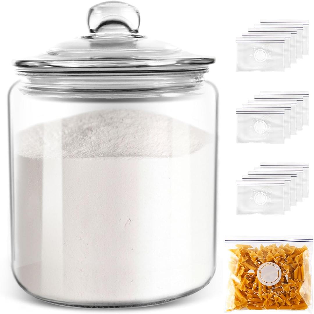 Masthome 1 Gallon Glass Jar with Lid,Large Glass Cookie Jar,Wide Mouth,Dishwasher Safe,Large Clear Jar,Storage Containers with Lids For Flour,Nuts,Cookies,Snacks-Send 15pcs Food Storage Bags