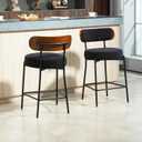 24'' Black Bar Stools Set of 2, Modern Counter Height Bar Stools with Wood Back for Kitchen Island, Upholstered Fabric Metal Barstools for Home, Cafe