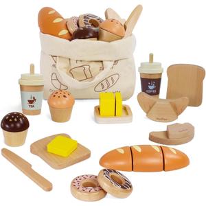 PairPear Wooden Bakery Toy Food Playset,Kids Pretend Play Food Kitchen Accessories with Shopping Bag,Toddlers Cutting Food Gift for Boys and Girls 3 Years and Up