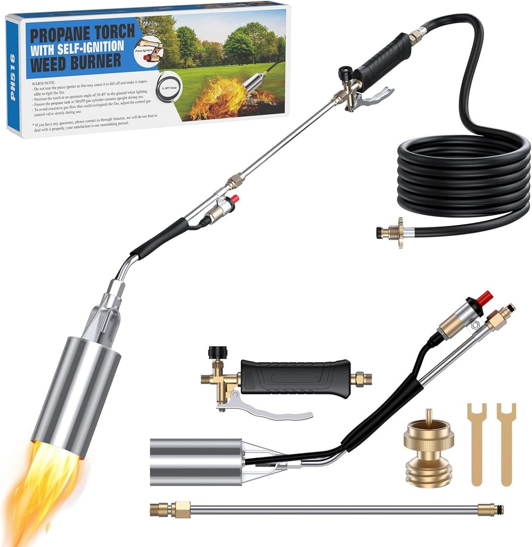 Propane Torch Weed Burner, Weed Torch for Outside with 11.5FT Hose, 1,800,000 BTU Weed Burner Torch with Propane Adapter Self Igniter, Flame Thrower for Weeding, Roof Asphalt, Snow Melting (Black)