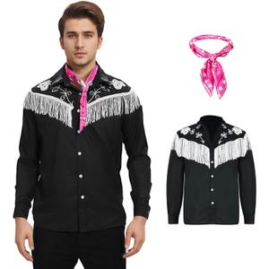 Cowboy Costume Adult Men with Scarf,Western Long Sleeve Fringe Shirt Outfits for Halloween Party Cosplay (Size Medium)