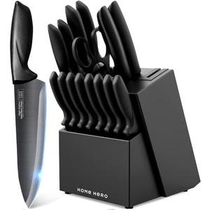 Home Hero Kitchen Knife Set with Sharpener - High Carbon Stainless Steel Knife Block Set with Ergonomic Handles (10 Pcs - Black)