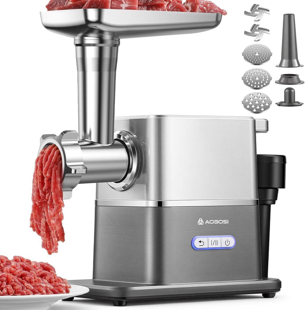 AAOBOSI Meat Grinder Electric 3000W Max with 60dB Quiet DC Motor, Auto-Reverse & Storable Food Pusher - 3 Speed Settings,Grinding, Sausage & Kibbe Making for Home Use