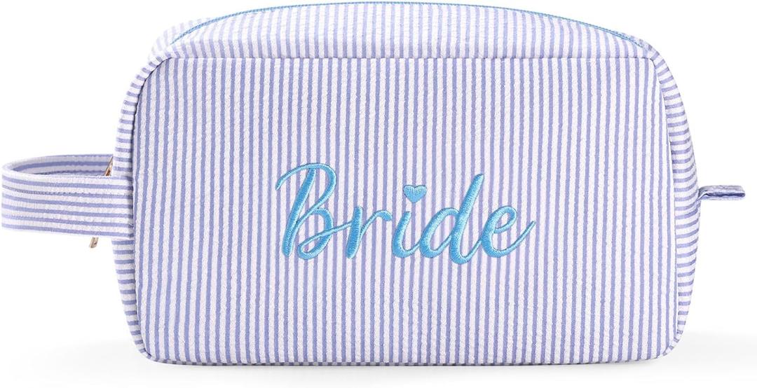 Etercycle Bride Makeup Bag, Blue Striped Cosmetic Bag Embroidery Bridal Shower Gifts, Large Travel Make Up Bags with Inside Pockets Toiletry Bag for Women Wedding Engagement Bachelorette Party