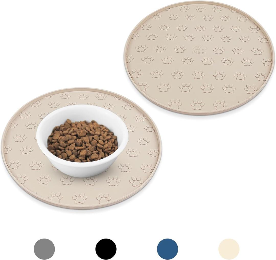 Silicone Pet Placemat for Dogs and Cats, Waterproof Non-Slip Pet Feeding Bowl Mats for Food Water, Small Medium Tray High-Lips Edge Eating Mat Prevents Messes from Spilling to Floor, Beige, 2 Pcs