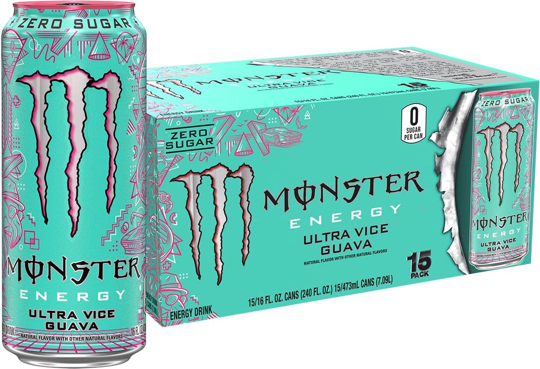 Monster Energy Ultra Vice Guava, Sugar Free Energy Drink, 16 Ounce (Pack of 15) (EXP 10/31/26)
