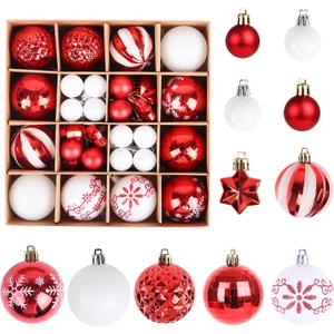 Christmas Balls Ornaments Set, 44 Pcs Xmas Shatterproof Plastic Baubles Hanging Balls for Christmas Tree Holiday Party Wedding Decoration (Red & White)