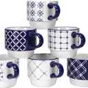 Schliersee 12 OZ Stackable Ceramic Coffee Mugs set of 6, Geometric Floral Pattern Small Mug, Blue White Porcelain Coffee Mug, Stacking Coffee Mugs, Tea Mug, Water Cup, Dishwasher Safe, Microwave Safe