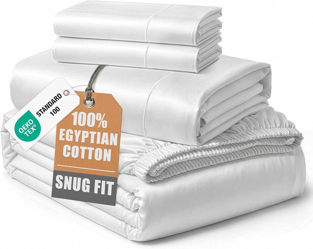 100% Egyptian Cotton Sheets King Size - Naturally Cooling & Breathable 4 Piece Silky Sateen Weave King Size Sheets Set, Ultra-Soft & Durable Hotel Luxury Sheets with 15" Snug Fit Deep Pockets - White