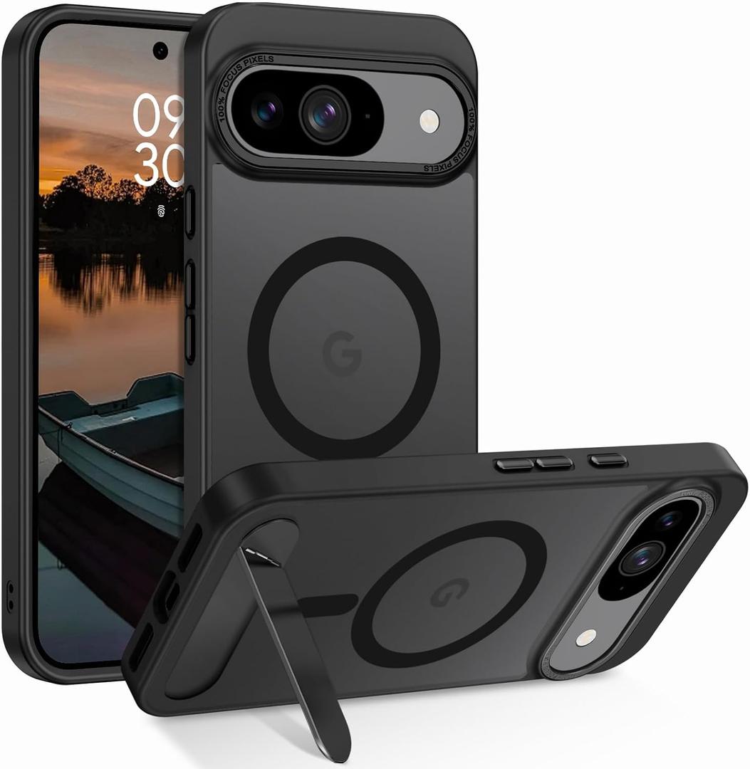 GUAGUA for Google Pixel 9 Pro Case, Pixel 9 Case with Stand, Magnetic Cases with Foldable Invisible Stand Translucent Matte Back Shockproof Kickstand Phone Case for Google Pixel 9/9 Pro 6.3'', Black