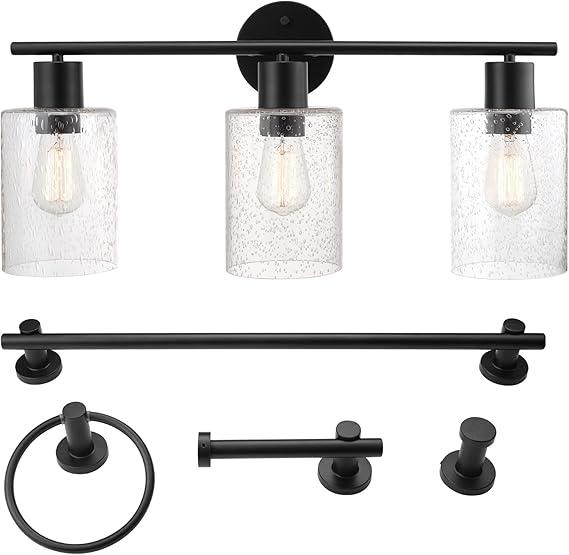 Globe Electric 51851 Bristol 5-Piece All-in-One Bathroom Set, Matte Black, 3-Light Vanity Light with Seeded Glass Shades, Towel Bar, Towel Ring, Robe Hook, Toilet Paper Holder Matte Black, Bristol