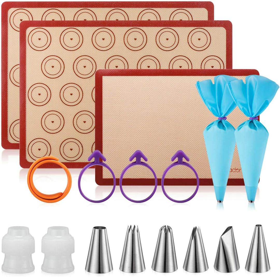 Macaron silicone baking mats - Macaroon Baking suppliers 1 Quarter Sheet + 2 Half Sheet Macaron Baking Mat,Macaron Baking Sheet,2 Piping Pastry Bag with Bag Tie,6 Piping Tips (White)