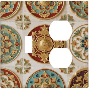 Boho Luxury Gold Embossed Moroccan Tile Print Wallplates 1 Toggle 1 Duplex Switch Plate Electrical GFCI Faceplate Decorative Light Switch Covers for Bathroom Kitchen Decor, 1 Toggle 1 Duplex / 4.6 X 4.5 IN