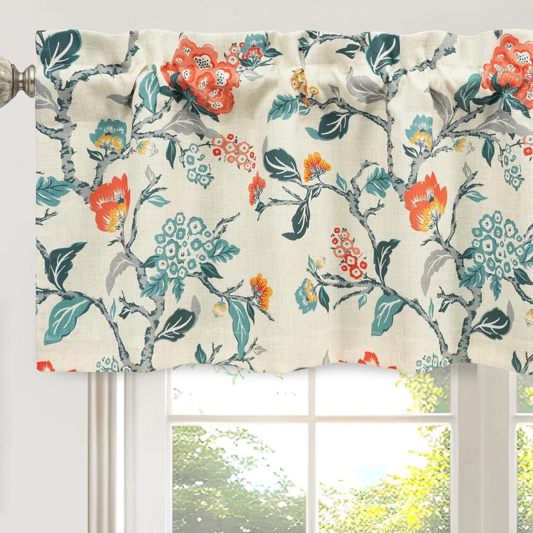 DriftAway Ada Botanical Print Lined Flower Leaf Thermal Insulated Window Valance Rod Pocket 52 Inch by 18 Inch Plus 2 Inch Header Linen Orange Teal 1 Pack