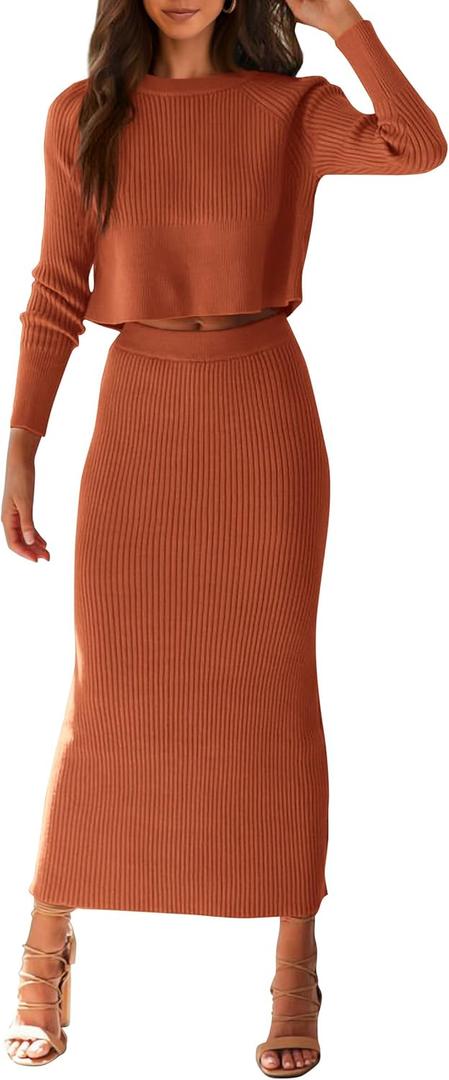 PRETTYGARDEN Women's Fall 2 Piece Sweater Set Rib Knit Long Sleeve Crop Top Maxi Bodycon Skirt Casual Winter Outfits (Caramel, Small)
