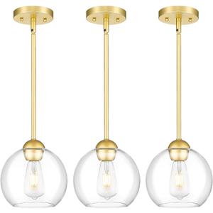 Emak 3 Pack Pendant Lights Kitchen Island, Gold Pendant Light Fixtures with Clear Glass Shade, Modern 8 Inch Globe Hanging Lights for Kitchen, Bedroom, Bar, PL121-GD-3PK