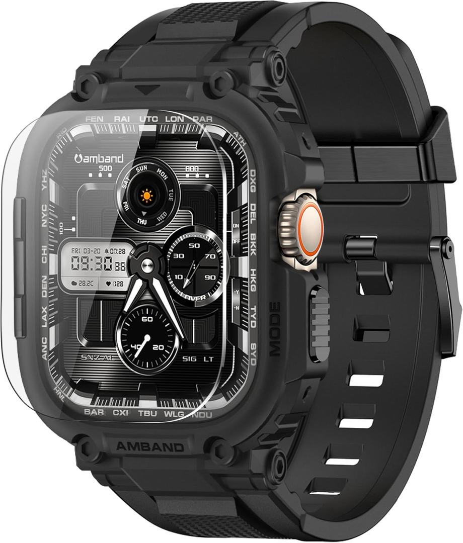 amBand Bands Case Screen Protector Compatible with Apple Watch Ultra 2/1 49mm for Men, M1 Sport Series Rugged Cover Strap and 9H Tempered Glass, Military Protective Bumper for iWatch 49 mm Men Black