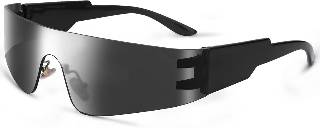 COASION Wrap Around Sunglasses for Women Men Trendy Rimless Futuristic Shades Y2k Shield Flat Top Fashion Eyeglasses (A2 Black / Grey)
