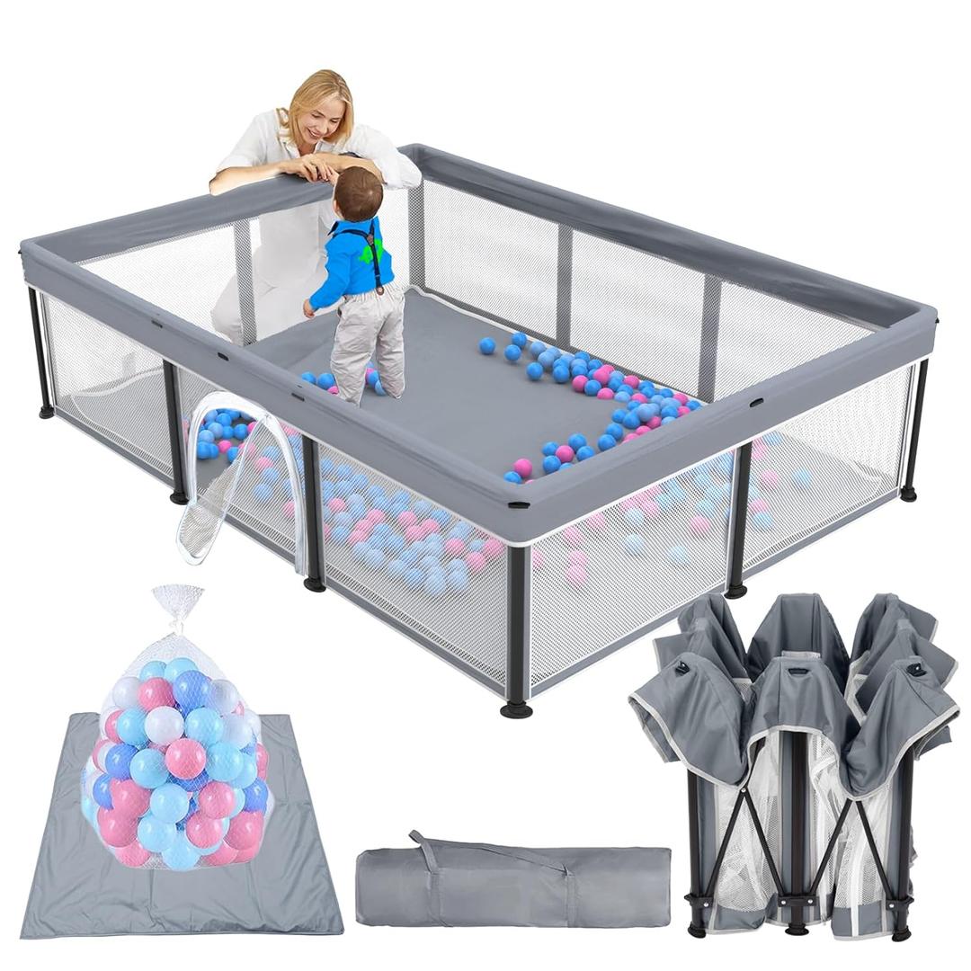 TOREVSIOR Foldable Baby Playpen with Mat, 50"71" F oldable P laypen for Babies and Toddlers, Indoor & Outdoor Kids Safety Play Pen, Portable Play Yard, Foldable Baby Playpen with 50 Ocean Balls (Grey)