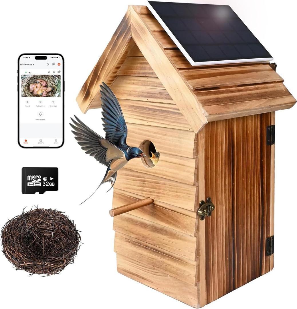 Smart Bird House with Camera, 2.4G WiFi & App Alerts, 160 Wide View 1080P HD Wireless Birdhouse, Auto Capture Bird Video & Motion Detection, Smart Bird House Camera Solar Powered (Dark, Normal)