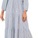 Womens Striped Maxi Dresses Casual Tie Neck Floral Embroidery Flowy Tiered Boho Long Beach Dresses with Pockets (Blue)