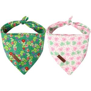 Babole Pet St Patricks Day Dog Bandanas 2 Pack, Green Flower Clover & Cute Clover Pattern St Patricks Dog Scarf Bib for Boy and Girl, Cute Holiday Bandana for Medium and Large Dogs