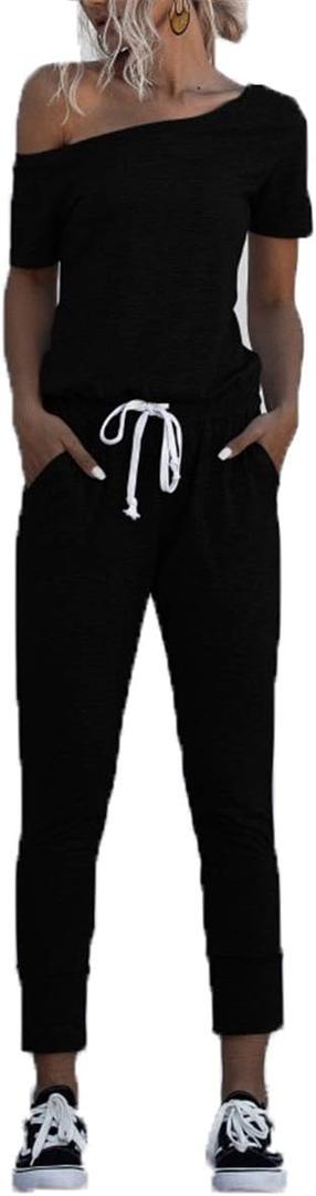 Women Jumpsuits One Off Shoulder Short Sleeve Lace up Waist Pockets Rompers, Large 