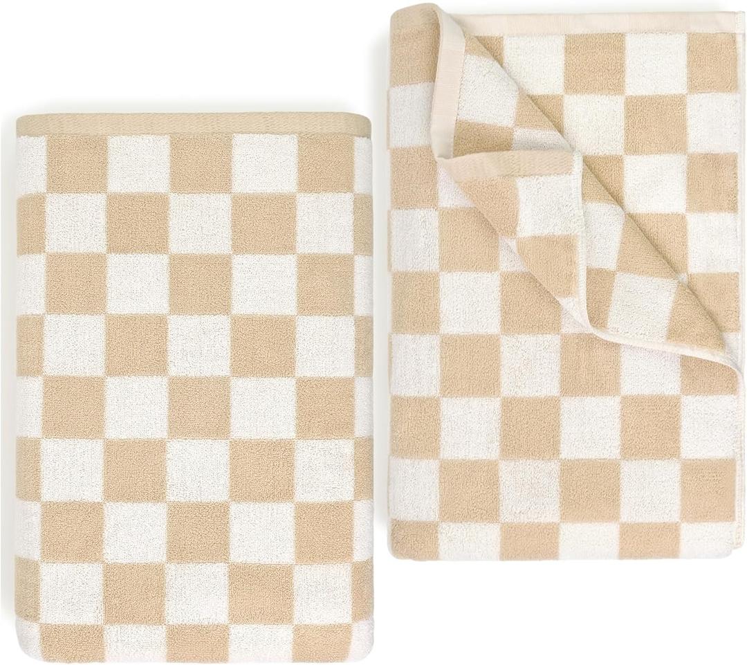 Jacquotha Checkered Beach Towels Set of 2 Oversized 35" x 70" (Sand) - Extra Large Quick Dry Cotton Bath Towels for Men, Women, Adults, Travel