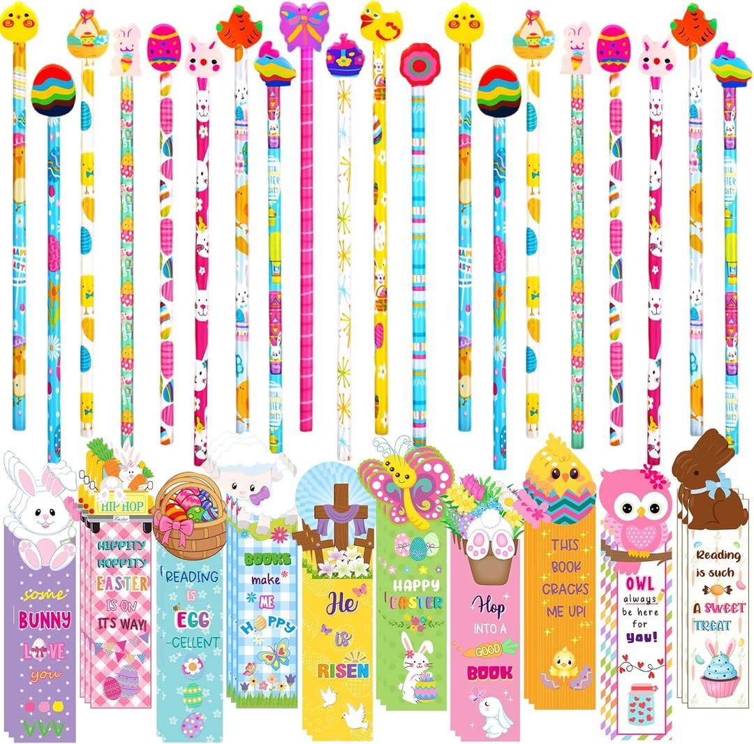 90Pcs Easter Bookmarks and Pencils with Cute Pencil Erasers Set Fun Bulk Party Supplies for Easter Rewards Basket Stuffers Gifts