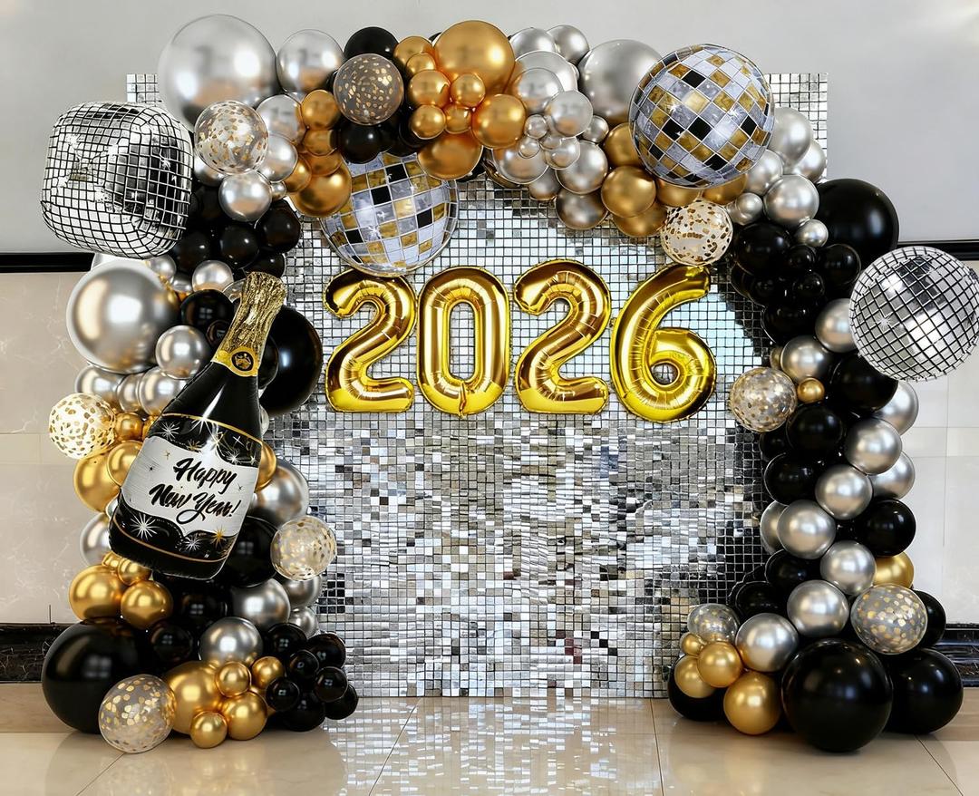 2026 New Year Eve Party Balloons Arch Garland Kit, Black Gold Silver Disco Ball Balloons for NYE 2026 Home Office School Party Photo Booth Backdrop Decorations