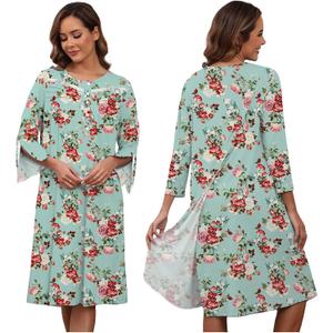 Hospital Gowns for Women Tear Away Snap 3/4 Sleeve Open Back Post Shoulder Surgery Dresses Delivery Nightgown S-3XL (Light Green Flower)