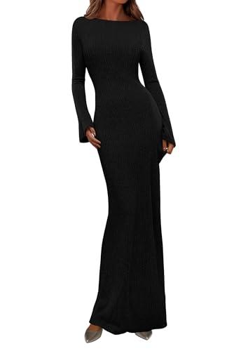 PRETTYGARDEN Women's Fall Fashion 2026 Long Sleeve Maxi Dress Ribbed Knit Boat Neck Bodycon Casual Dresses Going Out Outfits (Black,X-Small)