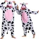 Unisex Adult Onesie Pajamas Animal Cosplay Halloween Costume One Piece Plush Sleepwear Homewear (Large, Cow)