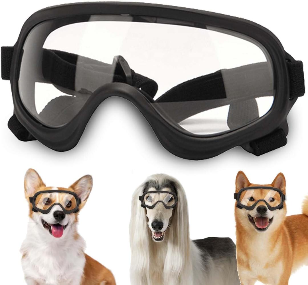 Dog Sunglasses,Doggles Anti-UV Protection, Pet Sunglasses with Adjustable Strap, Suitable for Motorcycle Car Driving Bike Riding Hiking Swimming Wind Dust Fog Dog Eye Protection (BlackFrameClearLens)