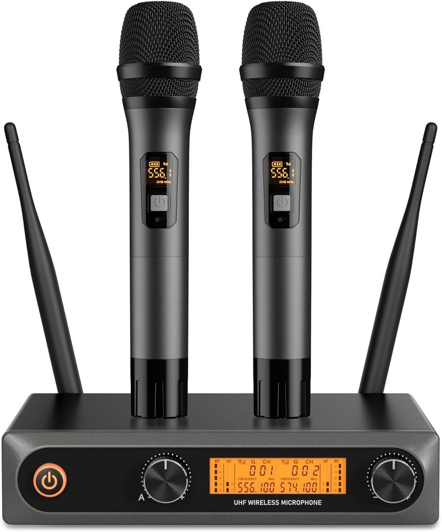 Wireless Microphone System, Metal Dual UHF Cordless Mics Handheld Microphone, Professional Wireless Mic Set for Karaoke, Party, Church, Wedding, DJ, Home KTV Set, 200ft