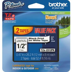 Brother Genuine P-Touch, TZe-231 2 Pack Tape (TZE2312PK) (0.47) x 26.2 ft. (8m) Laminated P-Touch Tape, Black on White (Pack of 2)
