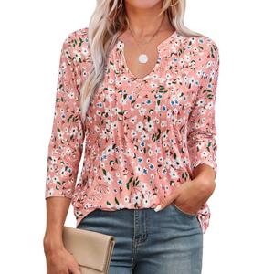 Uhiger Womens Blouses Dressy Casual Spring Tops for Women 2025 Trendy 3/4 Sleeve Blouses for Women Business Casual Long Shirts to Wear with Leggings Evening Tunics for Weddingg Guest Pink Floral M