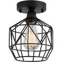 Q&S Black Semi Flush Mount Ceiling Light Industrial Vintage Retro Cage RV Small Ceiling Light Fixture for Hallway Closet Kitchen Stairway Bedroom