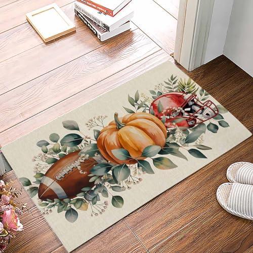 Fall Front Door Mat Indoor Entrance, Pumpkin Rugby Helmet Eucalyptus Leaf Linen Non Slip Doormat Absorbent Floor Mats Washable Low Profile Sports Game Day Inside Rugs for Entryway, 16''x24''