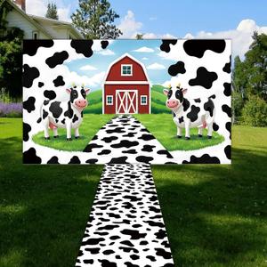 2 Pcs Black and White Cow Cartoon Rustic Farmhouse Lawn Red Barn Background Cow Print Carpet Runner Farm Animal Photo Backdrop Polyester Birthday Ceremony Photo Studio Booth Props Supplies